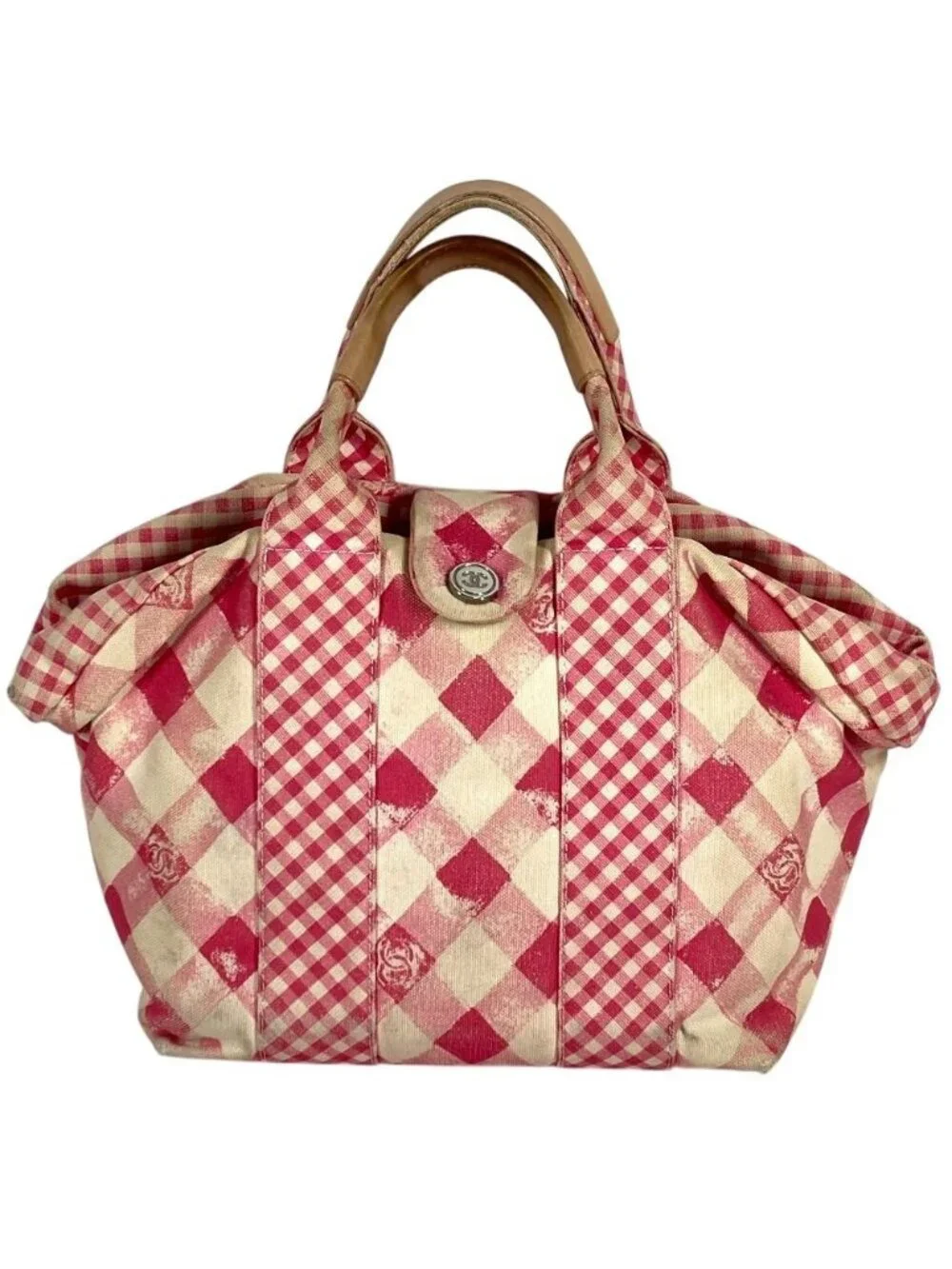 Chanel Handbag CC Logo Gingham Check Canvas Pink